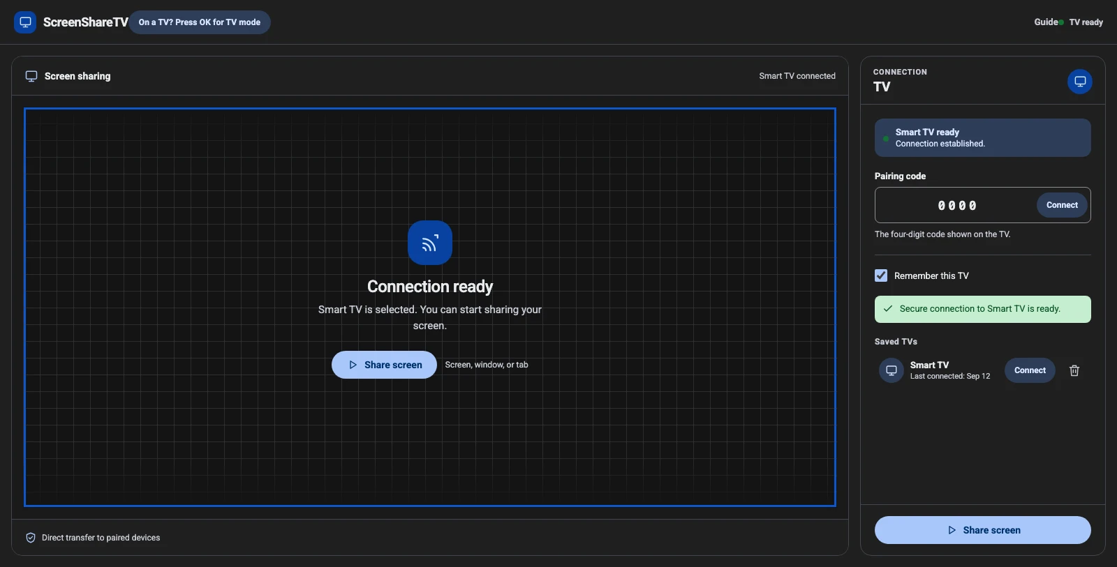 ScreenShareTV ready for the browser screen-selection step