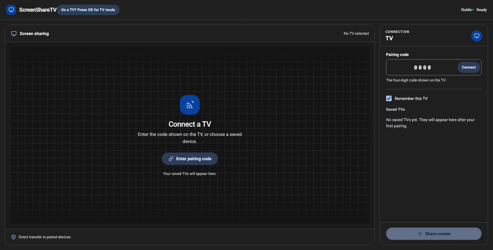 Entering a four-digit TV pairing code in ScreenShareTV