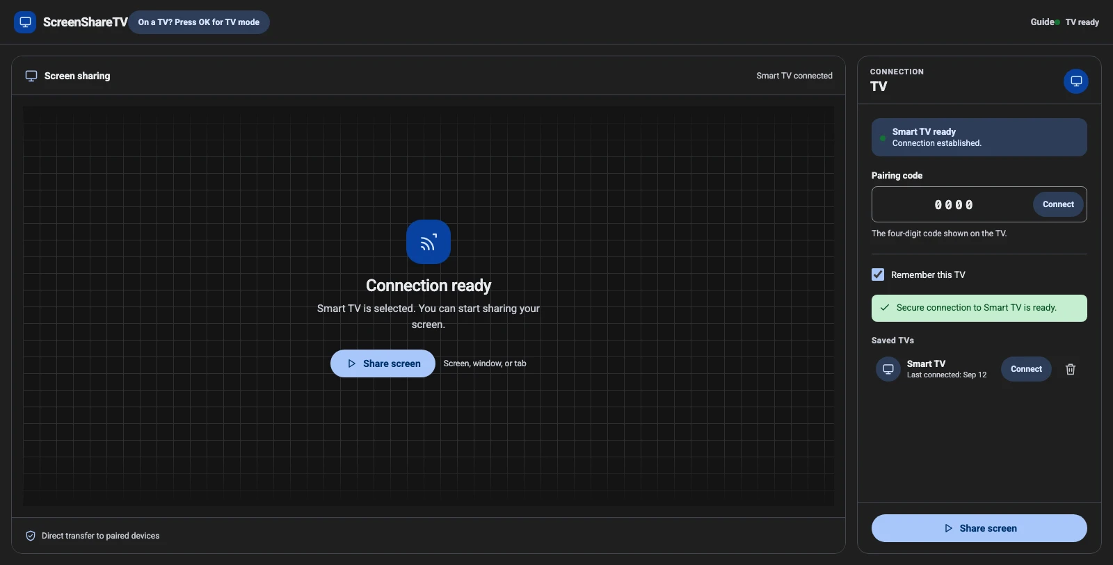 Saved TV entry in ScreenShareTV with a one-click Connect button