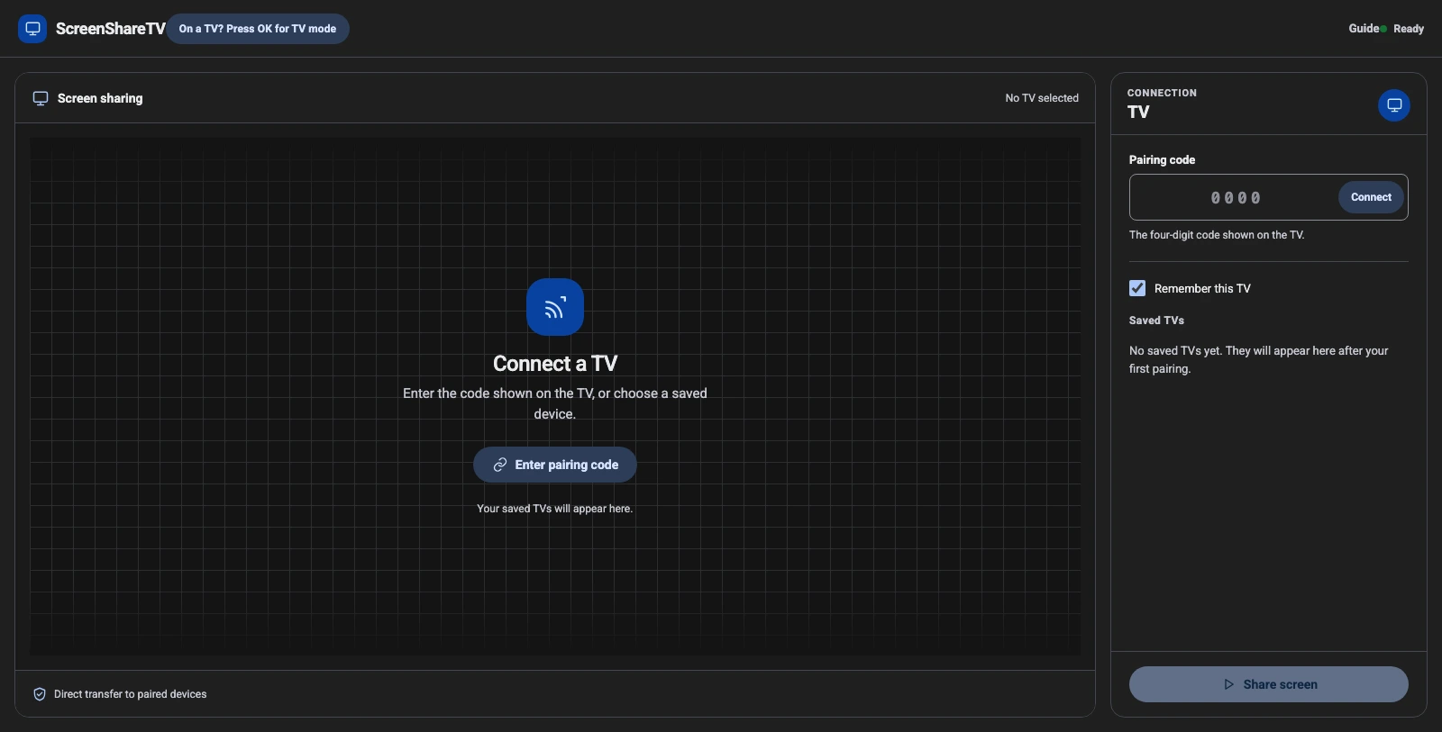ScreenShareTV sender workspace ready to connect a TV