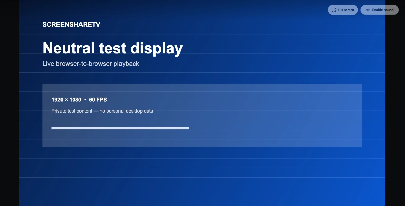 A neutral test screen mirrored in full-screen ScreenShareTV TV mode