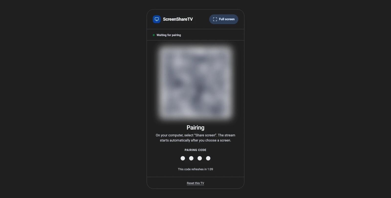 ScreenShareTV TV mode displaying a QR code and four-digit pairing code